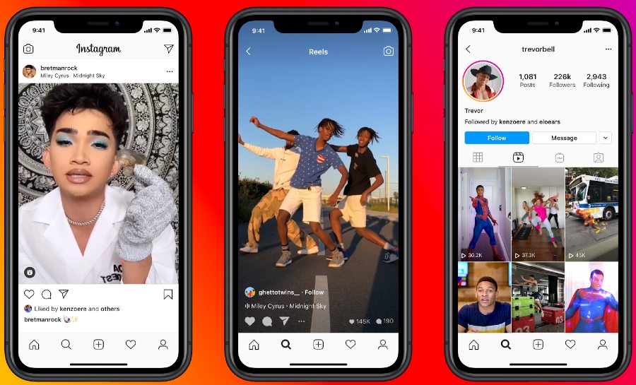 Instagram reels and influencer collabs on multiple smartphones