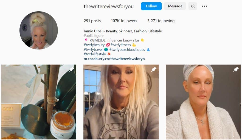 Jamie Uibel shares skincare routines on Instagram | Middle-aged influencers