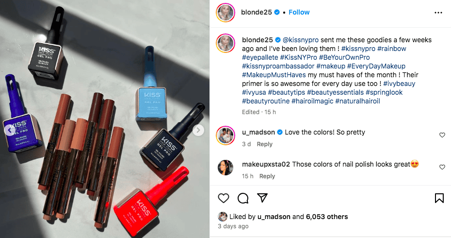 Jennifer Somkovic collabs with Kiss New York makeup company | Sponsored Instagram post