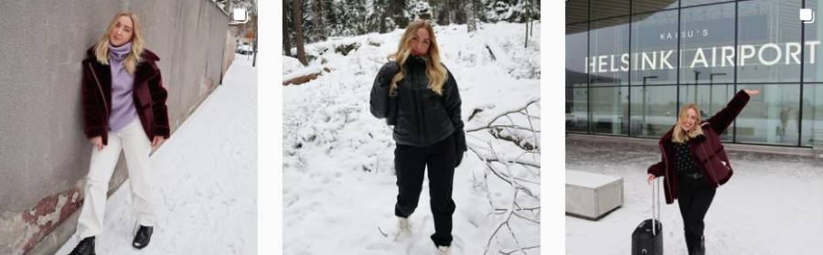 Kaisu Tanskanen modelling winter clothing outdoors in the snow 