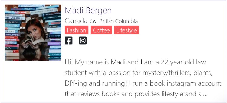 Madison Bergen snippet of Afluencer profile