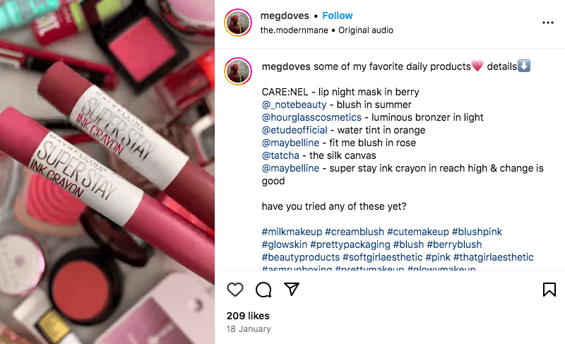 Megan Doves shares her favorite daily makeup products in an Instagram post