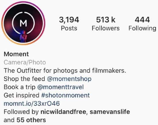 Moment | Instagram Bio with hashtag and link