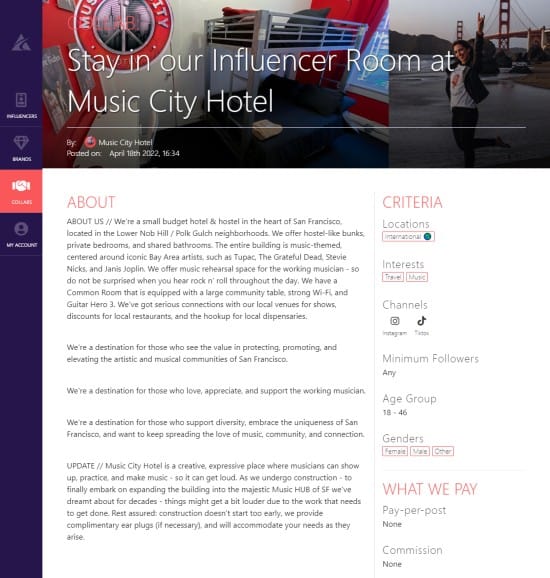 Music City Hotel collab details | Afluencer brands