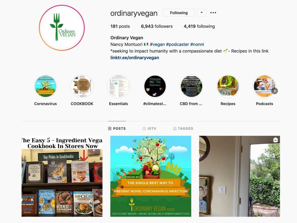 Nancy Montuori | Ordinary Vegan Instagram bio