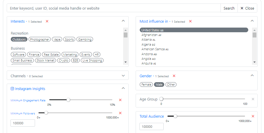 Free influencer search tool: Performance Filter