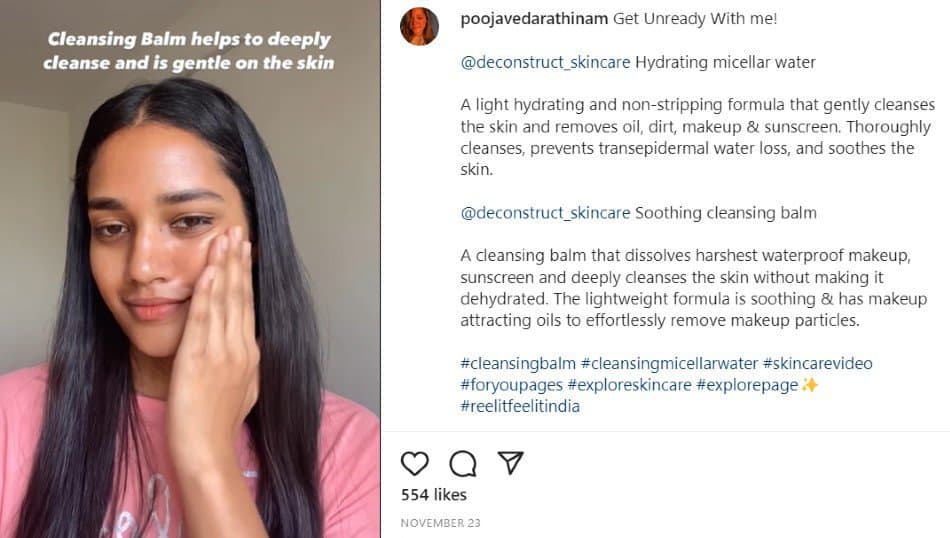 Pooja Vedarathinam using cleansing balm | Instagram post