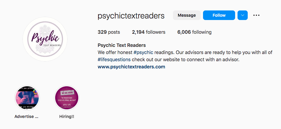 Psychic Text Readers Instagram profile