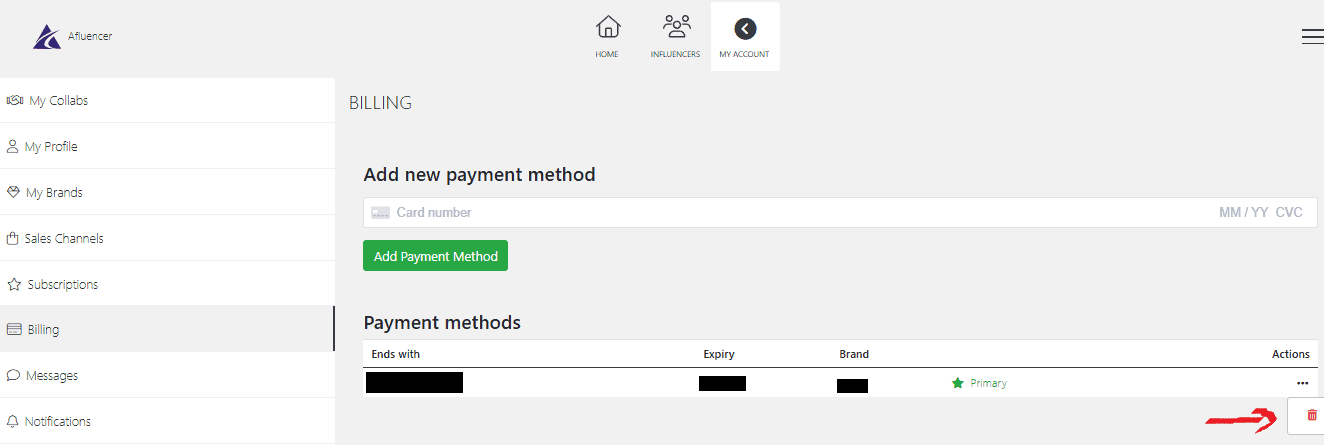 Afluencer Billing FAQs; Afluencer Account FAQs: Removing your card