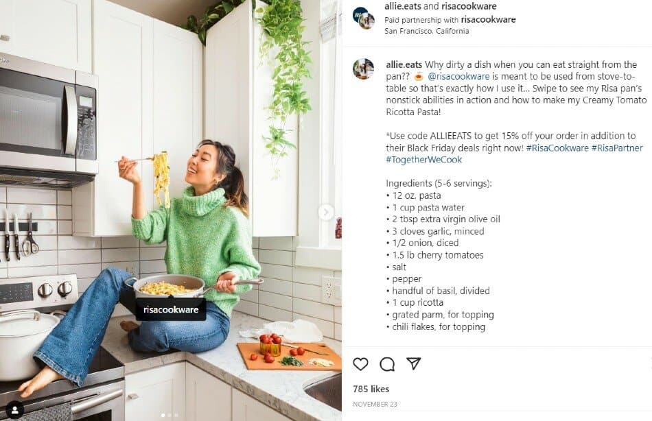 Allie Eats collabs with Risa Cookware | Sponsored Instagram post