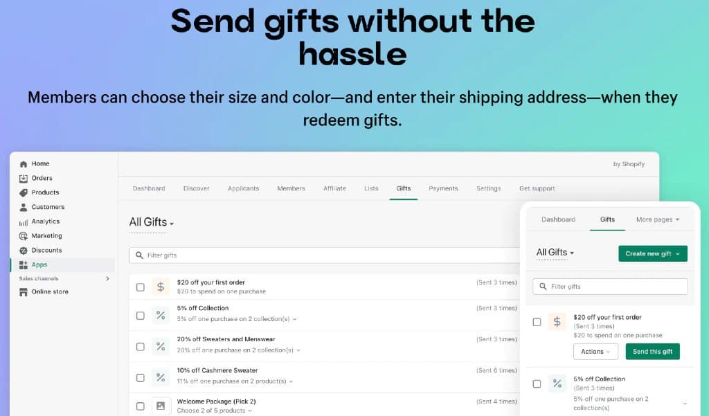 Sending Gifts with Shopify Collabs | User dashboard