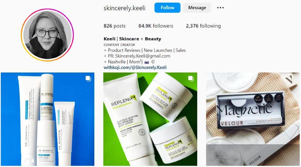 Skincerely Keeli's IG bio and latest posts