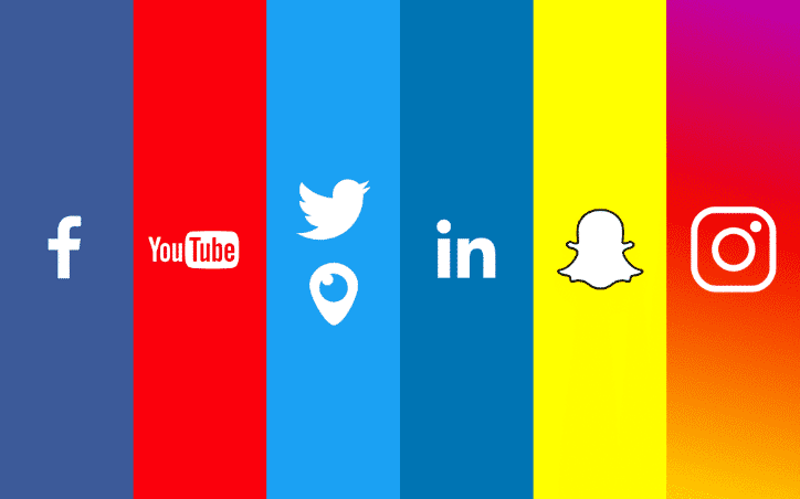 Multi-colored panels each with different social media icons