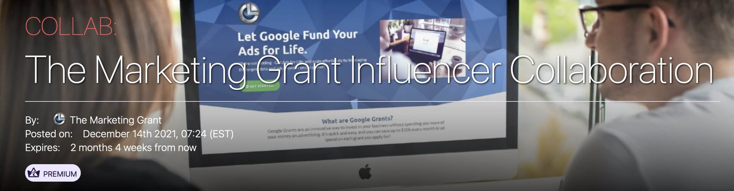 The Marketing Grant Influencer Collaboration banner | Afluencer premium member