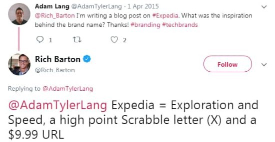 Tweet between Adam Lang and Rich Barton about Expedia