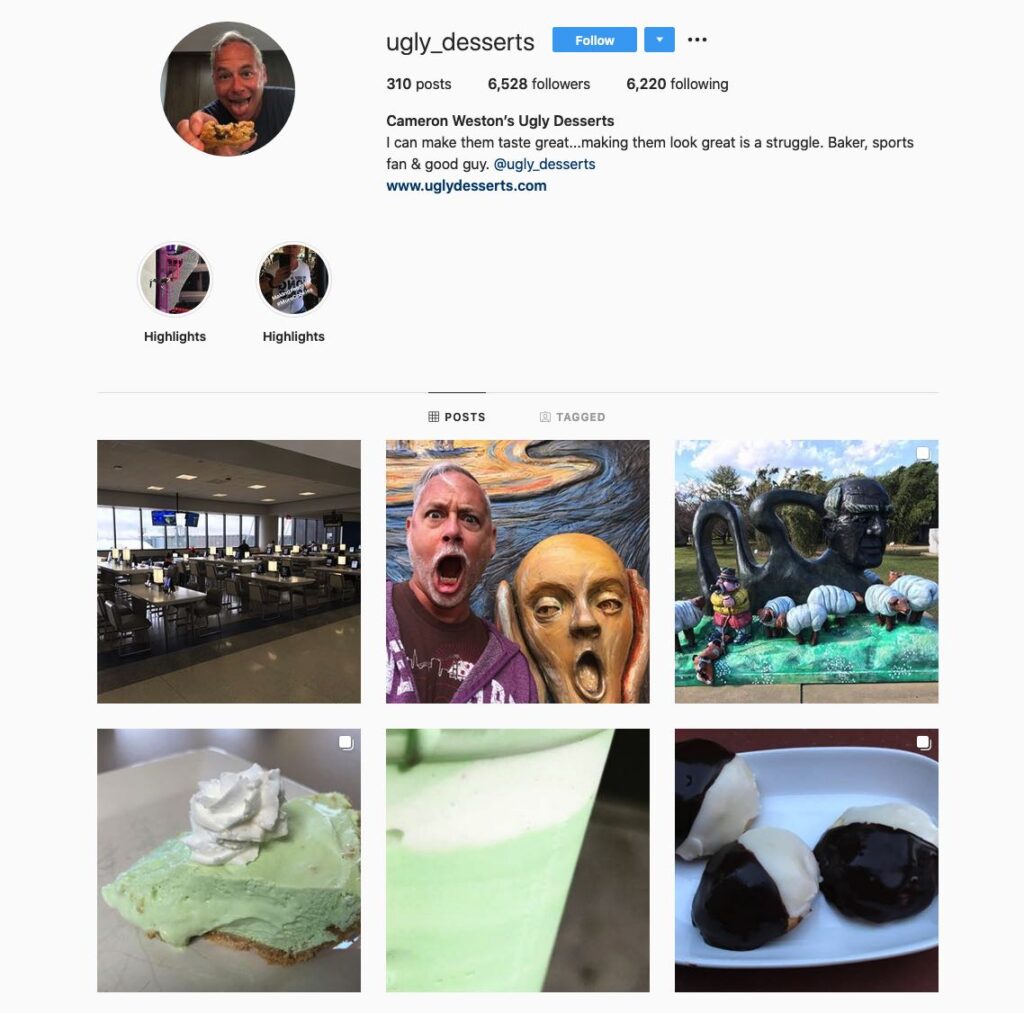 Cameron Weston | Ugly Desserts Instagram bio and posts