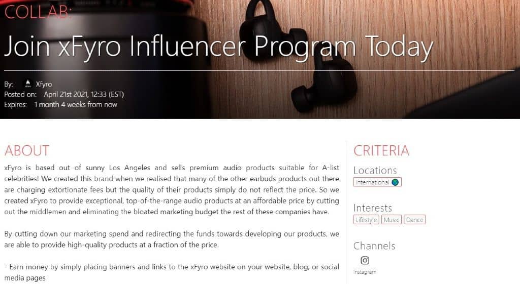 Xfyro influencer program | Afluencer collab page